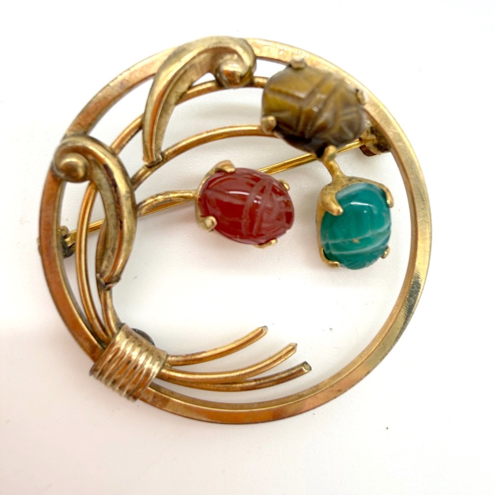 RONCI Egyptian Revival 12K GF Scarab‎ Brooch Semi-Precious Stones 1.75" VTG